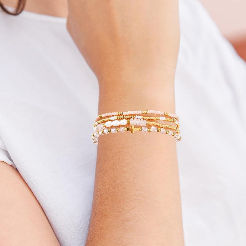 Pymach Store Dainty Gold Plated Pearl Crystal Beaded Bracelets Set for Women 14K Gold Plated Bead Pearl Beads Bracelet Stackable Paperclip Link Chain Bracelets Gold Plated Bracelets for Women Trendy Jewelry - Image 4
